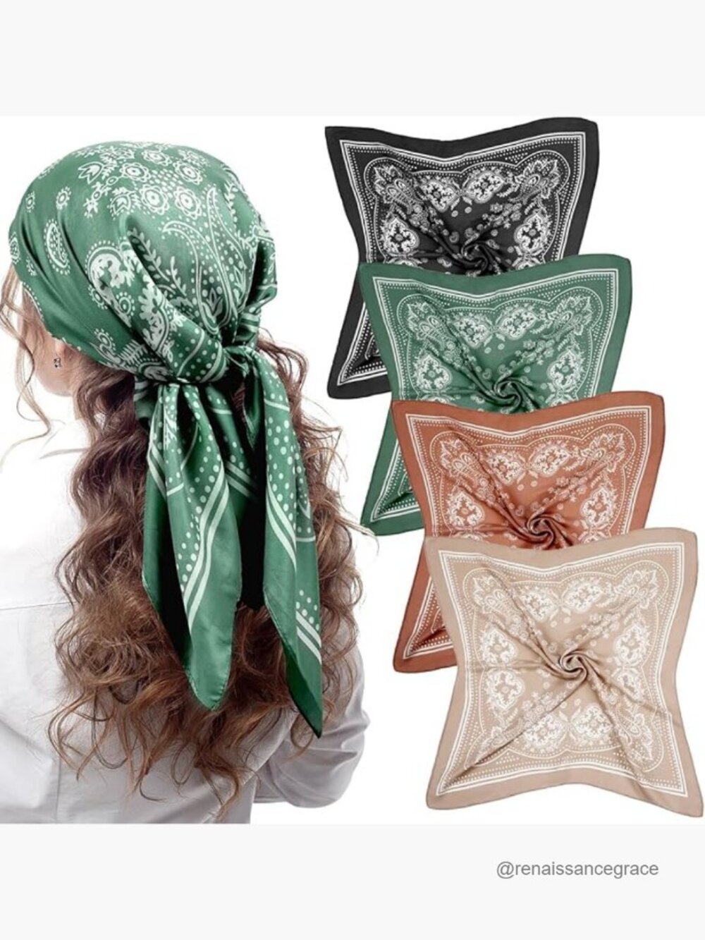 4-Piece Satin Head Scarves Set, 27" Square, Hair Wrap & Neck Scarf